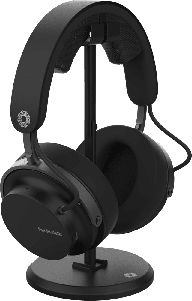 Sychedelic headphones on stand